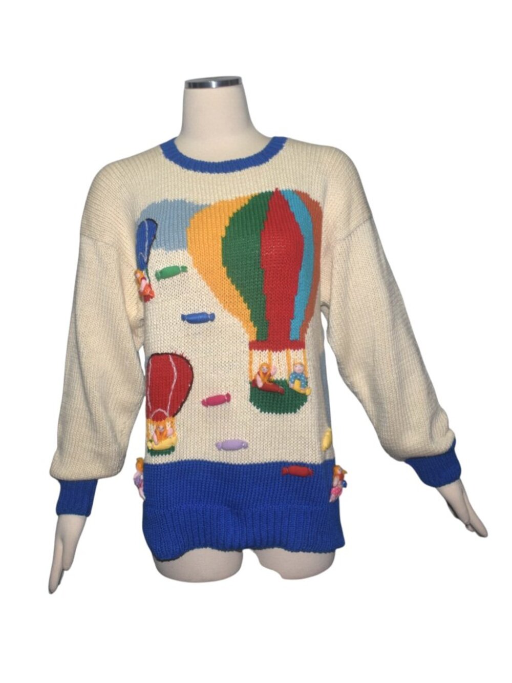 Vintage 80's Hot Air Balloon Knit Sweater Cotton Peru 3D Applique M L